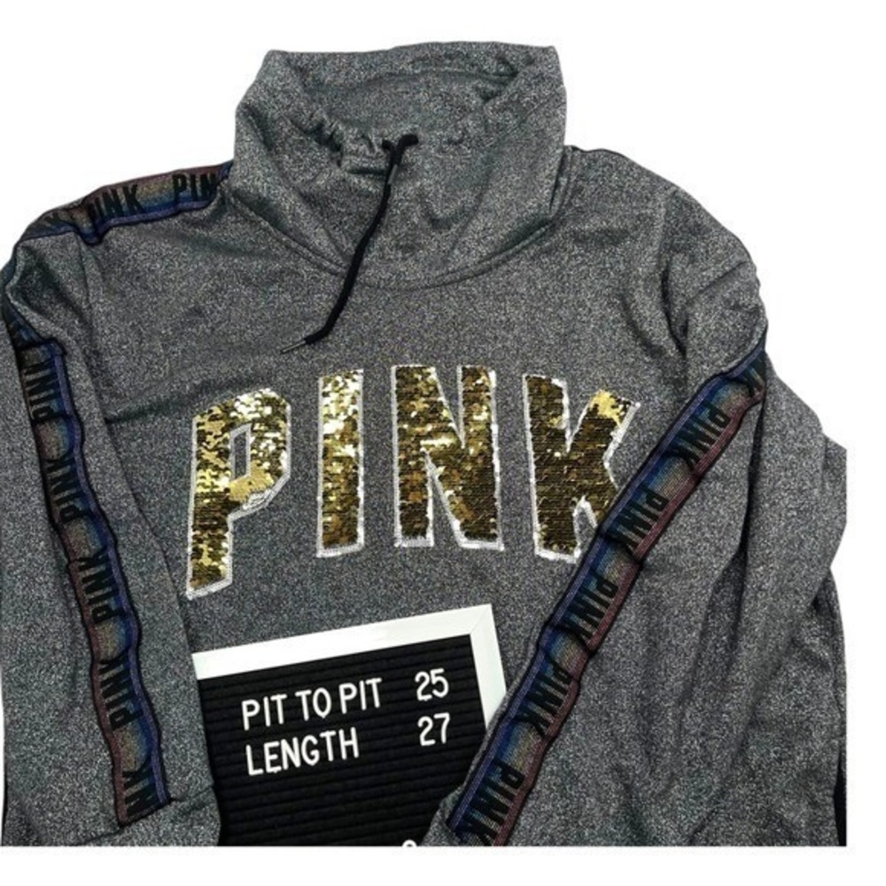 Victoria's Secret PINK Logo Sequin Bling Campus Cowl Neck Sweatshirt Rainbow XL - Picture 11 of 13